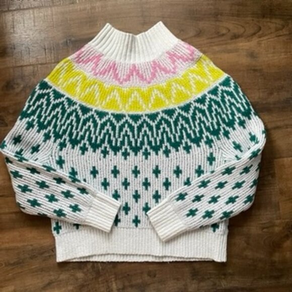 Old Navy Fair Isle Mock Neck Sweater Multicolor Knit White Green Yellow Pink XS - Picture 1 of 6
